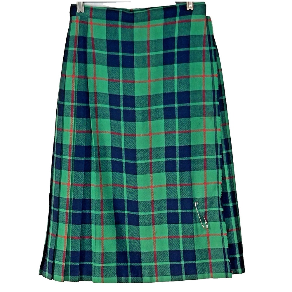 Vtg Pleated Wool Skirt Kilt Deans Of Scotland Green Plaid Wrap Waist 26"